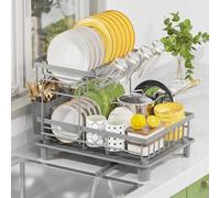 LIONONLY Egoutoire Vaisselle 2 Niveaux,Grande Égouttoir Vaisselle avec Plaque de Drainage,Acier Inoxydable Séchoir à Vaisselle avec Porte-Gobelets et Porte-Ustensiles et Buse Rotative