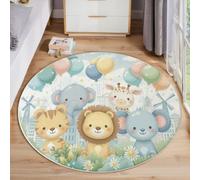 Lions Éléphants Girafes Rond Tapis De Décoration, Animaux De Dessin Animé Mignons Tapis Rond Lavable en Machine Anti-Dérapant Intérieur Ultra Doux Chambre Sol Canapé Salon (100cm, Multicolore)