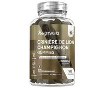 Lions Mane Champignon Gummies, 90 Gummies Vegan à l'Arôme Naturel de Framboise pour 3 Mois d'Approvisionnement, Extrait de poudre d'Hericium Erinaceus 10:1 Champignon Crinière de Lion