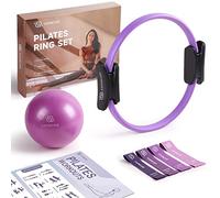 LIONSCOOL Ensemble d'anneaux Pilates (Violet) - Cercle Magique Anti-déformation de 36 cm avec poignées rembourrées, Mini Ballon de 23 cm, Bandes de résistance en Latex élastique, Guide et Sac
