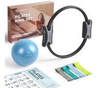 LIONSCOOL Ensemble Pilates - Anneau 35,6 cm Anti-déformation, Mini Balle Anti-éclatement et Bandes de Résistance (Noir(Bande élastique en Latex))