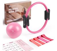 LIONSCOOL Ensemble Pilates - Anneau 35,6 cm Anti-déformation, Mini Balle Anti-éclatement et Bandes de Résistance (Rose(Bande élastique en Latex))