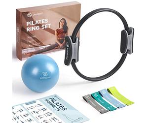 LIONSCOOL Ensemble Pilates - Anneau 35,6 cm Anti-déformation, Mini Balle Anti-éclatement et Bandes de Résistance (Noir(Bande élastique en Latex))