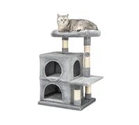 lionto Arbre à Chat avec 2 niches et Couchage, 80 cm, Gris Clair | Petit arbre à chat avec grand panier, balle en peluche et deux niches pour grimper, jouer, se cacher et griffer