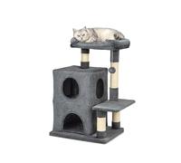 lionto Arbre à Chat avec 2 niches et Couchage, 80 cm, Gris foncé | Petit arbre à chat avec grand panier, balle en peluche et deux niches pour grimper, jouer, se cacher et griffer