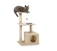 lionto Arbre à Chat avec Niche et Balle en Peluche, Hauteur 85 cm, Arbre à Chat en sisal & Peluche, couchages Confortables & Niche, pour Petits & Grands Chats, Beige (avec nom imprimé)