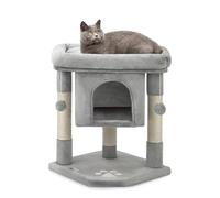 lionto Arbre à Chat avec Niche et Couchage, 60 cm, Gris Clair | Petit arbre à chat avec grand panier, deux balles en peluche et niche pour grimper, jouer, se cacher et griffer