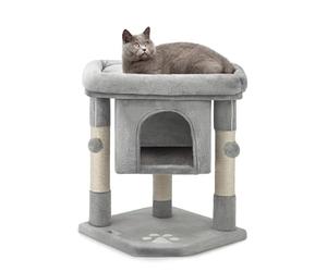 lionto Arbre à Chat avec Niche et Couchage, 60 cm, Gris Clair | Petit arbre à chat avec grand panier, deux balles en peluche et niche pour grimper, jouer, se cacher et griffer