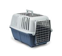 lionto Caisse Transport Chien Plastique, Grille métal, 58,5x35,5x40 cm, poignée & Fermeture Pratique, pour Chats et Petits Animaux, jusqu'à 15 kg, Bleu