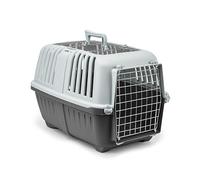 lionto Caisse Transport Chien Plastique, Grille métal, 58,5x35,5x40 cm, poignée & Fermeture Pratique, pour Chats et Petits Animaux, jusqu'à 15 kg, Gris