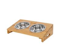 lionto Gamelle surélevée pour Chien en Bambou, 35x20x10 cm, Double écuelle pour Chiens et Chats avec 2 Bols INOX Ø 14 cm, 250 ML chacun, Passe au Lave-Vaisselle, antidérapante