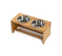 lionto Gamelle surélevée pour Chien en Bambou Robuste et Facile à Entretenir, 44x20x19 cm, Double écuelle pour Chiens et Chats, 2 Bols INOX Ø 14 cm, 550 ML chacun, antidérapante