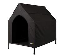 lionto Lit d'extérieur pour Chien avec Toit, 110x75x105 cm, Tissu Oxford déperlant et résistant aux Griffes, Maille Respirante, lit surélevé avec Pieds Amovibles, pour Chiens jusqu'à 60 kg, Noir