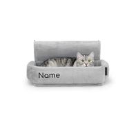 lionto Litière chauffante pour Chats avec revêtement en Peluche Douillet Lavable, Crochets métalliques adaptés à radiateurs Courants, hamac en matériau Confortable, Gris Clair (avec nom imprimé)