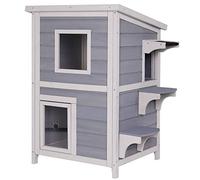 lionto Maison extérieure pour Chats pour Jouer et se Reposer, Maison en Bois pour Chats avec Toit en Bitume résistant aux intempéries, 56x52x82 cm, fenêtre et 3 accès, cabane Robuste, Gris/Blanc