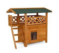 lionto Maison pour Chats avec terrasse et escalier, Lodge extérieur en Bois Robuste offrant Une Protection Contre Les intempéries, 77x50x73 cm, lamelles en PVC protégeant du Vent, Marron