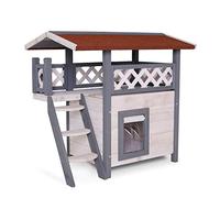 lionto Maison pour Chats avec terrasse et escalier, Lodge extérieur en Bois Robuste offrant Une Protection Contre Les intempéries, 77x50x73 cm, lamelles en PVC protégeant du Vent, Gris/Blanc