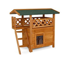 lionto Maison pour Chats avec terrasse et escalier, Lodge extérieur en Bois Robuste offrant Une Protection Contre Les intempéries, 77x50x73 cm, lamelles en PVC protégeant du Vent, Marron