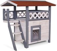 lionto Maison pour Chats avec terrasse et escalier, Lodge extérieur en Bois Robuste offrant Une Protection Contre Les intempéries, 77x50x73 cm, lamelles en PVC protégeant du Vent, Gris/Blanc