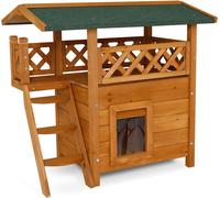 lionto Maison pour Chats avec terrasse et escalier, Lodge extérieur en Bois Robuste offrant Une Protection Contre Les intempéries, 77x50x73 cm, lamelles en PVC protégeant du Vent, Marron