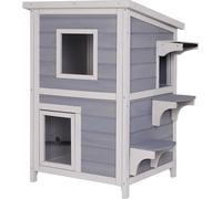 lionto Maison extérieure pour Chats pour Jouer et se Reposer, Maison en Bois pour Chats avec Toit en Bitume résistant aux intempéries, 56x52x82 cm, fenêtre et 3 accès, cabane Robuste, Gris/Blanc