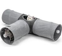 lionto Tunnel pour chats à 3 voies avec balle de jeu, 30x120x80 cm, Tunnel de jeu pliable et extensible en faux lin facile d'entretien pour chats, Jouet pour chats robuste, 30 cm de diamètre