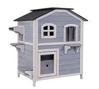lionto Villa pour Chats en Bois de Sapin avec Toit en Bitume, Maison intérieur et extérieur sur 2 étages avec escaliers, 80x55x90 cm, cabane adaptée pour Grands Chats avec Rideau à Lames, Gris/Blanc