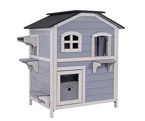 lionto Villa pour Chats en Bois de Sapin avec Toit en Bitume, Maison intérieur et extérieur sur 2 étages avec escaliers, 80x55x90 cm, cabane adaptée pour Grands Chats avec Rideau à Lames, Gris/Blanc