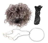 LIOOBO Ensemble de Déguisement Vieille Dame pour Spectacle Postiche Courte Bou en Fibre Synthétique, Lunettes, Collier de Perles et Filet à Cheveux pour Cosplay