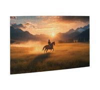 Liorosa 500 pièces de puzzle en bois pour adulte Prairie Solitude, avec cowgirl et cheval dans la lumière du coucher du soleil brûlant, œuvre d'art amusante pour les adultes, activités amusantes pour