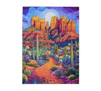 Liorosa 500 pièces de puzzle en bois sculpté pour adulte - Formations rocheuses texturées avec ombres de coucher de soleil parmi les cactus en tonneau, chaque pièce est unique, couleurs incroyablement