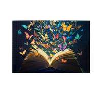 Liorosa Ailes littéraires de 1000 pièces de puzzle en bois pour adulte, livre ouvert avec essaim de papillons arc-en-ciel dans une lueur mystique, chaque pièce est unique, activités amusantes pour les