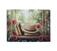 Liorosa Balançoire de jardin rustique 500 pièces de puzzle en bois pour adulte, chapeau en osier et livres anciens sur siège en bois avec fleur, loisirs exploratoires et défis, idéal pour la détente
