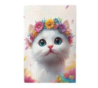 Liorosa Chaton blanc neige avec couronne de fleurs arc-en-ciel dans paysage de rêve pastel - Puzzles pour adultes 1000 pièces, art en bois de qualité supérieure, couleurs vives, design unique et beau