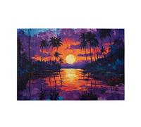 Liorosa Coucher de soleil vibrant avec palmiers 1000 pièces de puzzles en bois pour adultes, ciel réfléchissant sur l'eau, puzzle d'art tropical pour adultes, exercice des compétences manuelles et de