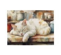 Liorosa Cozy Kitchen Companion Puzzle en bois 500 pièces pour adulte, chat blanc endormi parmi des boîtes en céramique vintage, design vif, plaisir à la fois corps et esprit, cadeaux pour amis et