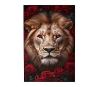 Liorosa Crimson Majesty Puzzle en bois 1000 pièces pour adulte, lion royal avec crinière ardente au milieu des roses, défi artistique amusant de la faune, chaque pièce est unique, assemblage pratique