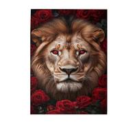 Liorosa Crimson Majesty Puzzle en bois 500 pièces pour adulte, lion royal avec crinière ardente au milieu des roses, défi artistique amusant de la faune, chaque pièce est unique, assemblage pratique