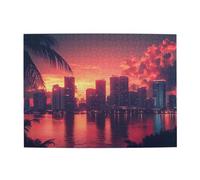 Liorosa Dreamy Harbor Night Puzzle pour adultes 500 pièces, ciel violet dégradé avec architecture moderne, décoration murale en bois, complet avec famille et amis, superbe œuvre d'art