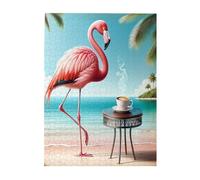 Liorosa Flamants roses Coffee Hour 500 pièces de puzzle en bois pour adulte, beau paysage de plage d'été, esthétique de couleur douce, les pièces s'emboîtent parfaitement, profitez du processus de
