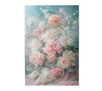 Liorosa Floral Reverie Puzzle en bois 1000 pièces pour adulte, pivoines pastel dans un vase en verre sur soie rose avec fond bleu doux, complet avec famille et amis, oubliez les problèmes de la vie