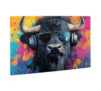 Liorosa Hipster Yak Puzzle de 500 pièces pour adultes - Fourrure noire avec casque rétro et lunettes de soleil dans un fond psychédélique, puzzles d'animaux stimulants, défi pour vous-même