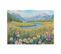 Liorosa Mountain River & Wild Flower Meadow Puzzle de 500 pièces pour adultes, fleurs vibrantes avec sommets enneigés, paysage naturel serein pour adulte, cadeau adapté à la famille et aux amis