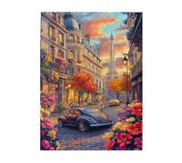 Liorosa Paris Springtime Elegance - Puzzle de 500 pièces pour adultes, tour de fer avec route couverte de pétales et véhicule rétro, chaque pièce est unique, exercice des compétences pratiques et de