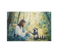 Liorosa Peaceful Forests Puzzle en bois de 1000 pièces pour adulte, Jésus et raton laveur curieux à la lumière du soleil tachetée. Vibrant et unique, plaisir à la fois corps et esprit, profitez de