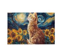 Liorosa Puzzle adulte de 1000 pièces - Chat étoilé, chat ambré regardant les tourbillons cosmiques au milieu d'un champ de tournesol doré, design unique et beau, activités amusantes pour les vacances