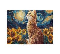 Liorosa Puzzle adulte de 500 pièces - Chat étoilé, chat ambré regardant les tourbillons cosmiques au milieu d'un champ de tournesol doré, design unique et beau, activités amusantes pour les vacances