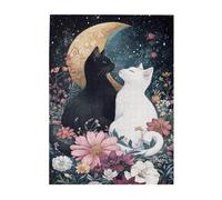 Liorosa Puzzle chat au lit de lune au pays des merveilles floral pour adultes, 500 pièces, félins noirs et blancs parmi les fleurs étoilées, scène de nuit magique, convient pour les soirées de jeu