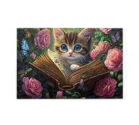 Liorosa Puzzle de 1000 pièces avec chaton curieux lisant dans le jardin pour adultes, livre fantaisiste et scène de papillon, charmant puzzle en bois pour adulte, plaisir à la fois corps et esprit