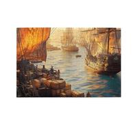 Liorosa Puzzle de 1000 pièces - Port de l'âge doré, coucher de soleil brille sur les navires marchands avec des dockers chargés de charges, art historique du paysage marin, profitez du processus de